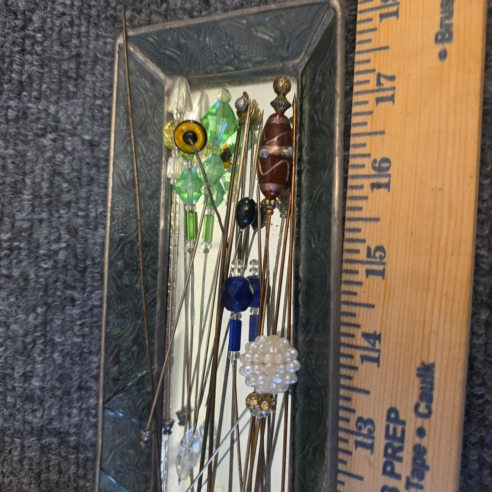 Vtg 31pc‎ Hat Pin Hair Collection Glass Pearl Victorian Artsy W/ Glass Tray Rare